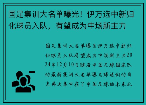 国足集训大名单曝光！伊万选中新归化球员入队，有望成为中场新主力