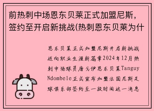 前热刺中场恩东贝莱正式加盟尼斯，签约至开启新挑战(热刺恩东贝莱为什么不上场)