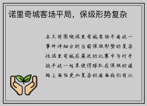 诺里奇城客场平局，保级形势复杂